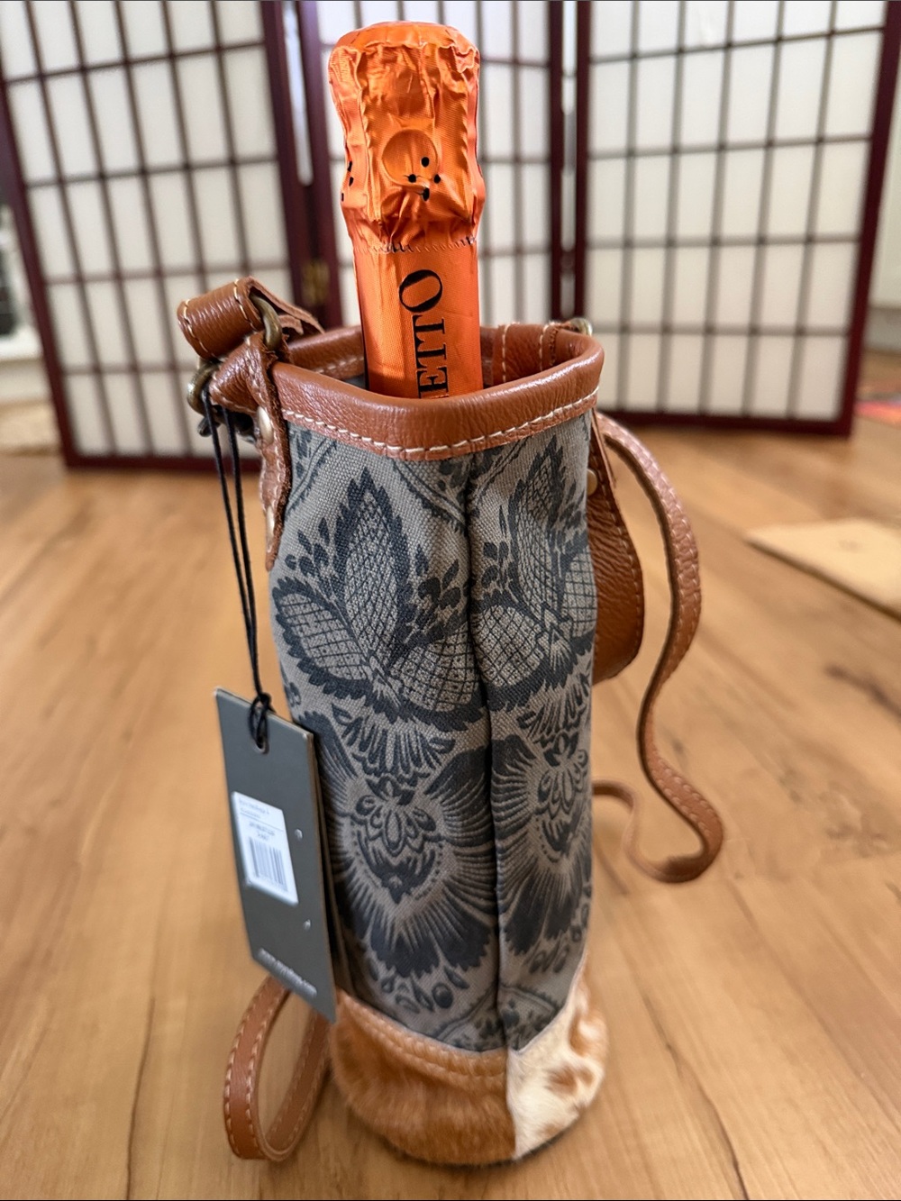 Myra Wine Bottle Tote with Leather Trim